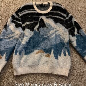 Forever 21 Men's Mountain Crewneck Sweater - Black, Blue, Cream